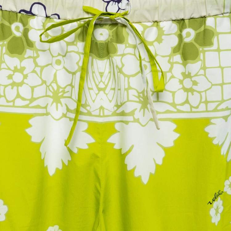 Pre Owned Valentino Lime Green Printed Cotton Drawstring Pants S
