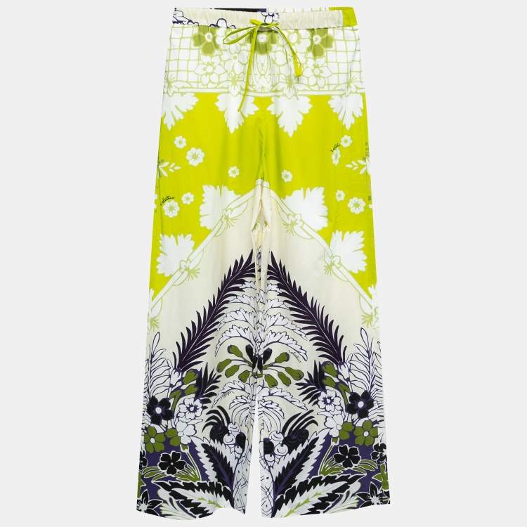 Pre Owned Valentino Lime Green Printed Cotton Drawstring Pants S