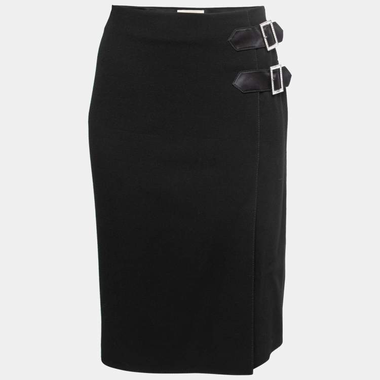Pre Owned Valentino Black Crepe Wool Buckle Detail A -Line Skirt L
