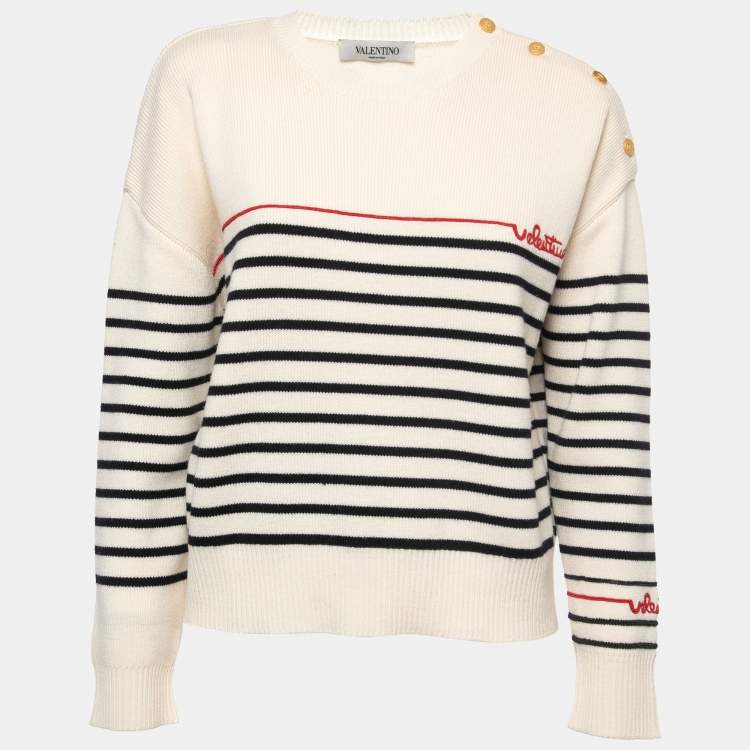 Pre Owned Valentino Cream Wool Stripe Long Sleeve Sweater S