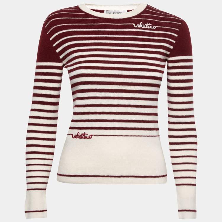 Pre Owned Valentino Burgundy/Cream Wool Blend Striped Sweater S