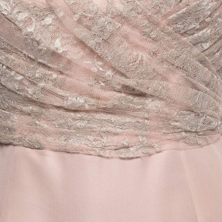 Pre Owned Valentino Blush Pink Floral Lace Ruched Midi Dress M
