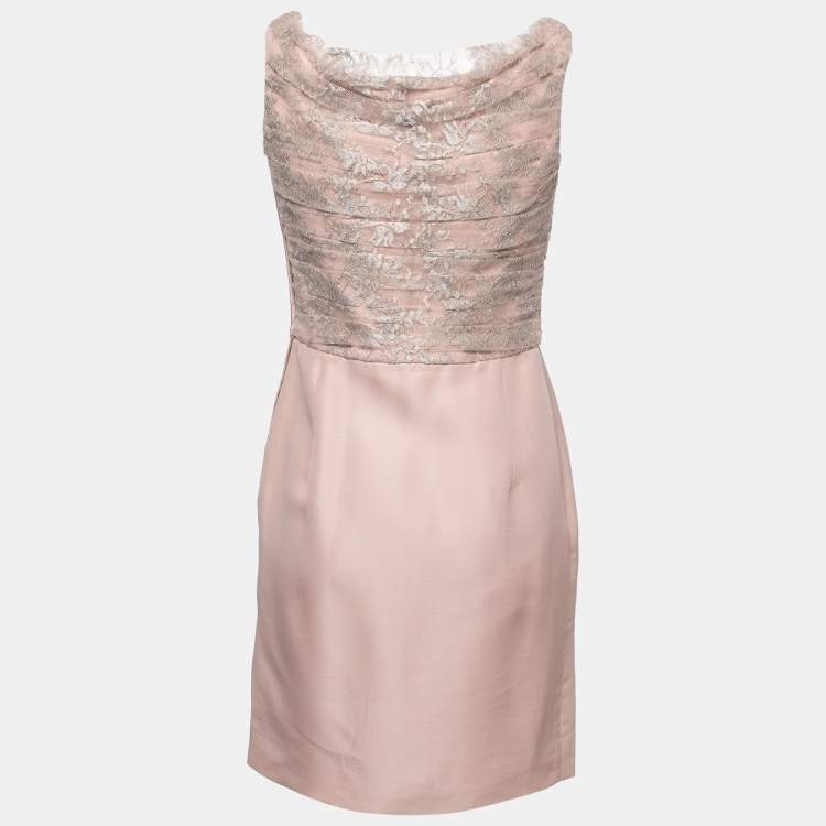 Pre Owned Valentino Blush Pink Floral Lace Ruched Midi Dress M