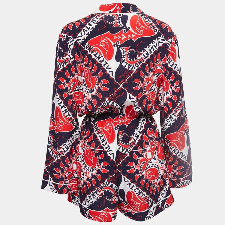 Pre Owned Valentino Red/Blue Manifesto Print Silk Playsuit S