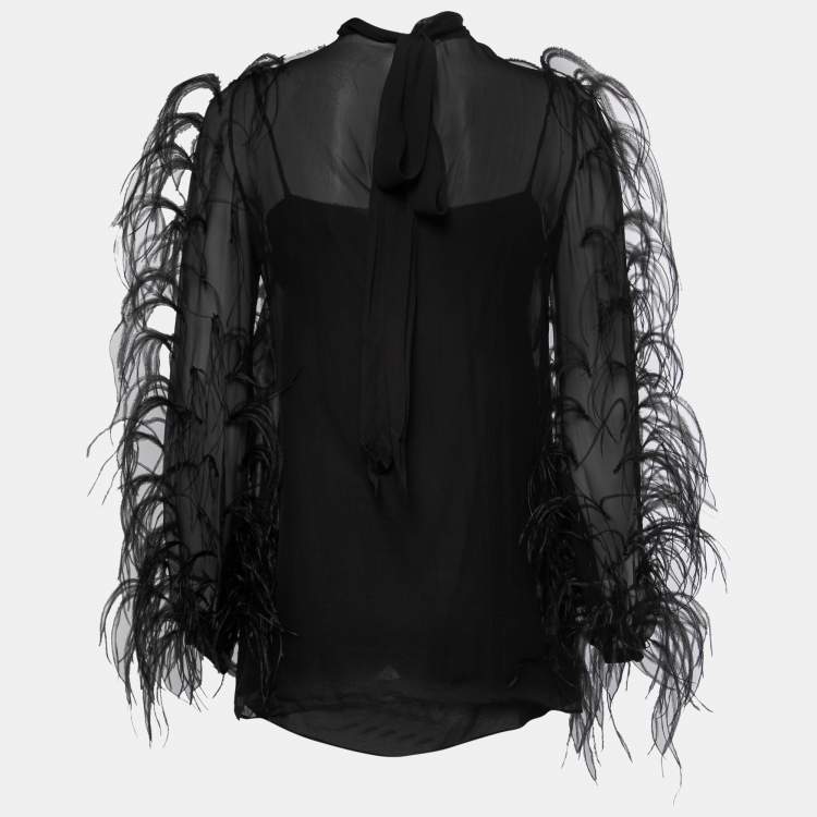 Pre Owned Valentino Black Silk Ostrich Feather Detail Sheer Tie Neck Blouse S