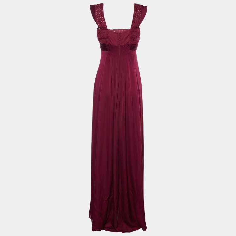 Pre Owned Valentino Burgundy Silk Smocked & Draped Maxi Dress M
