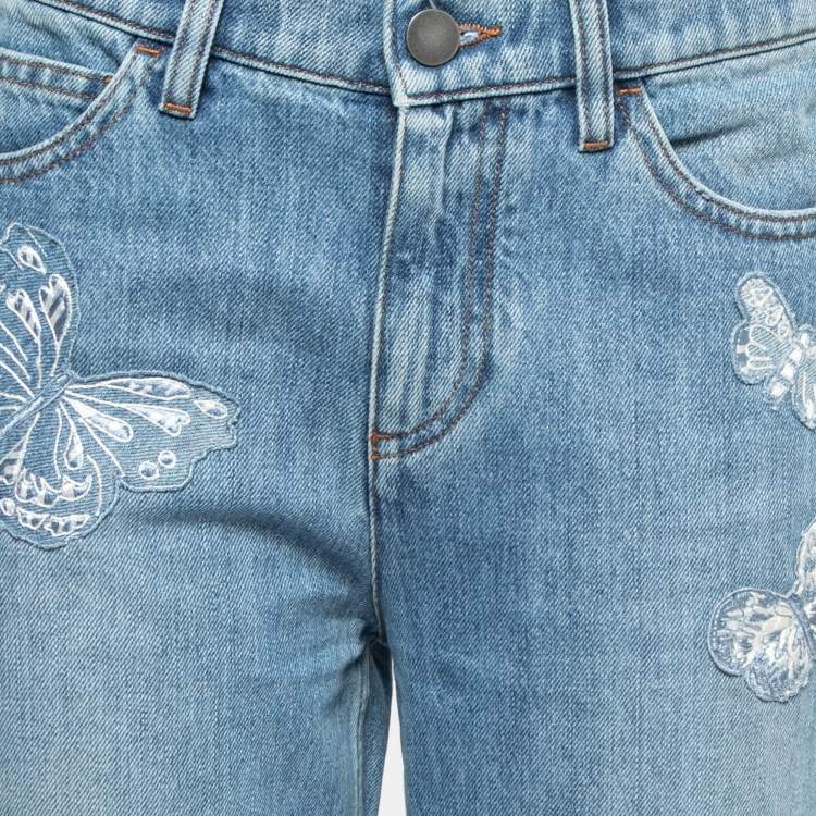 Pre Owned Valentino Light Blue Denim Butterfly Patched Fringed Jeans S Waist 26"
