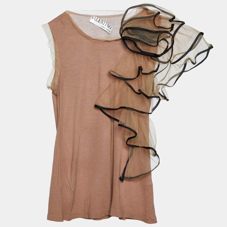 مملوكة مسبقًا Valentino T-Shirt Couture Brown Knit & Floral Tulle Sleeveless T-Shirt S