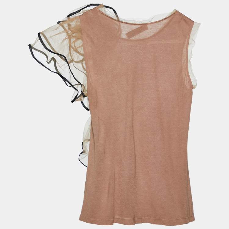 مملوكة مسبقًا Valentino T-Shirt Couture Brown Knit & Floral Tulle Sleeveless T-Shirt S