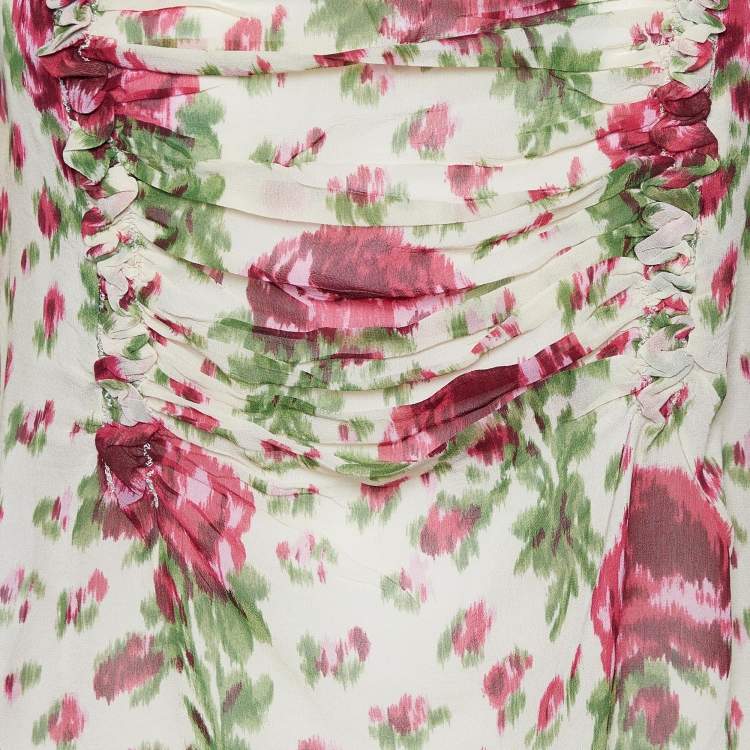 Pre Owned Valentino Beige Floral Printed Silk Chiffon Ruched Long Sleeve Top M