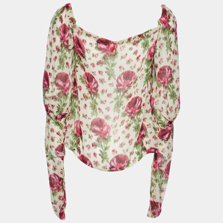 Pre Owned Valentino Beige Floral Printed Silk Chiffon Ruched Long Sleeve Top M