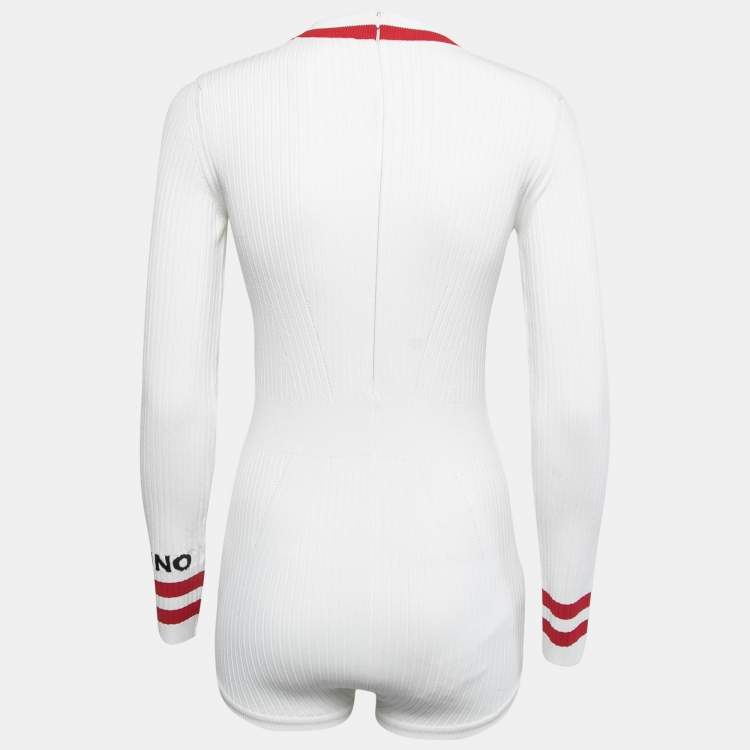 Pre Owned Valentino White Ribbed Knit Long Sleeve Bodysuit S