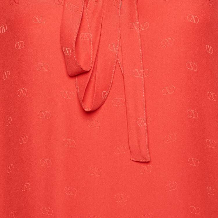 Pre Owned Valentino Red Logo Jacquard Silk Neck Tie Detail Top M