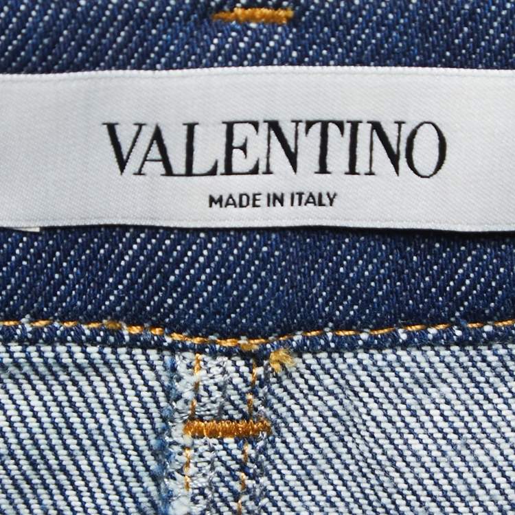 Pre Owned Valentino Blue Denim V Buckle High Waist Shorts S