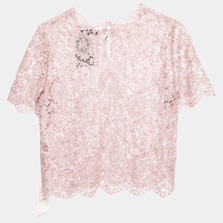 Pre Owned Valentino Light Pink Lace Half Sleeve Top M