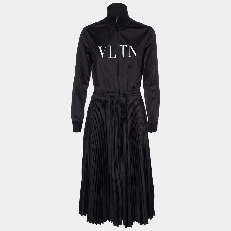 Pre Owned Valentino Black Jersey Plisse Midi Dress L