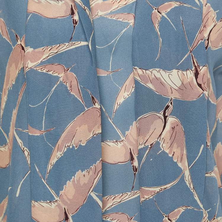 مملوكة مسبقًا Valentino Blue Bird Printed Silk Neck Tie Detail Top M