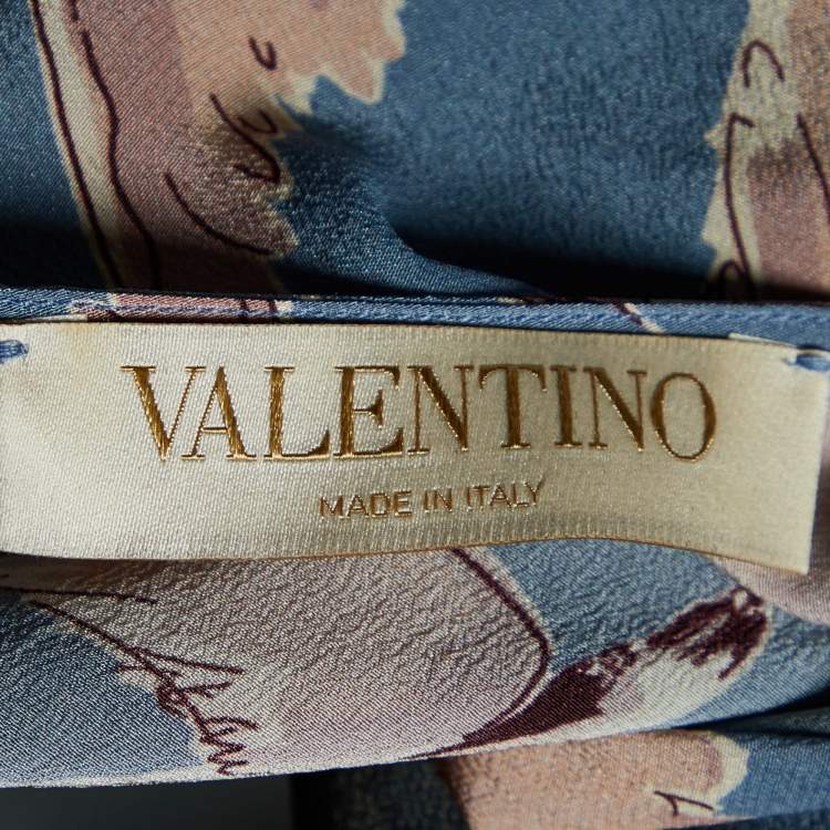 مملوكة مسبقًا Valentino Blue Bird Printed Silk Neck Tie Detail Top M