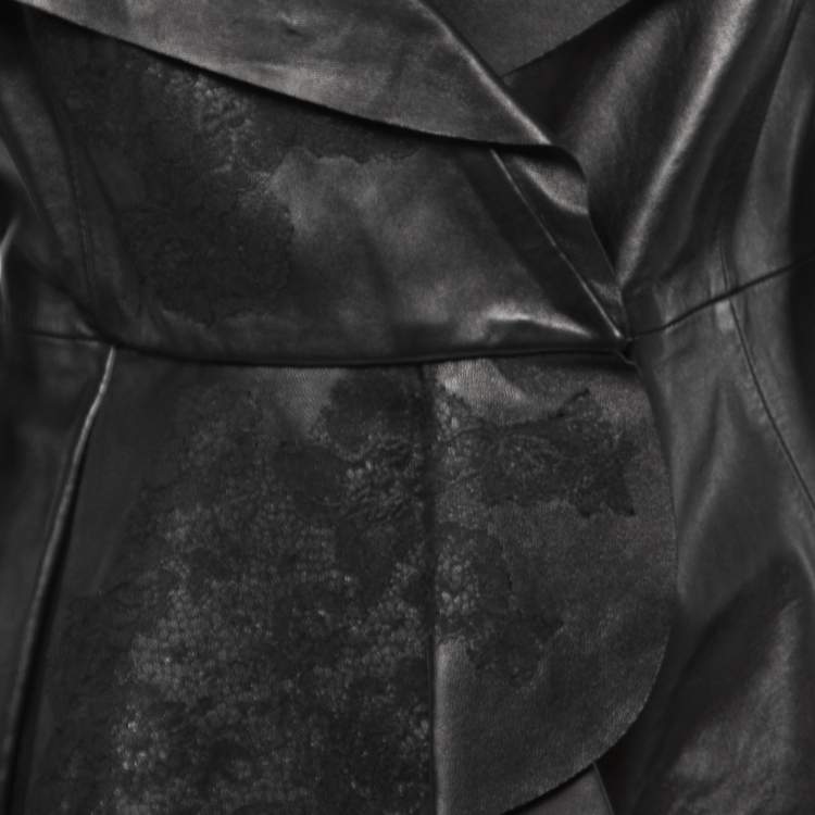Pre Owned Valentino Black Leather Lace Trimmed Jacket Skirt Set L/M