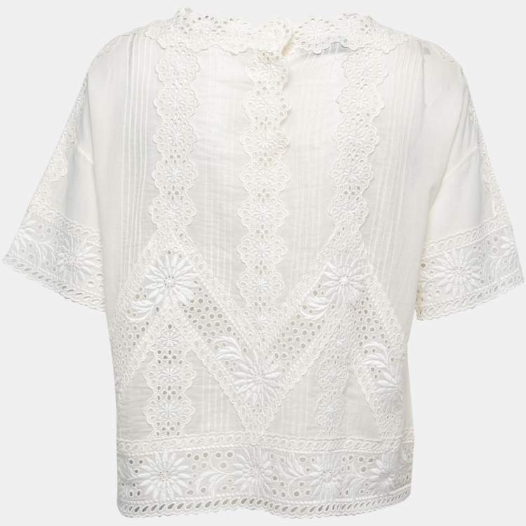 Pre Owned Valentino Cream Cotton & Lace Trim Top L