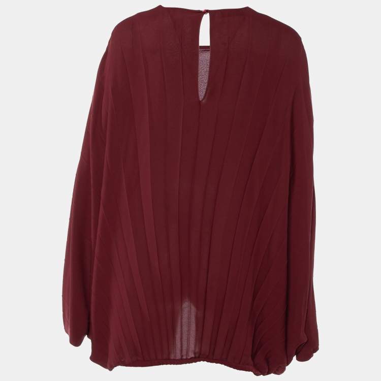 Pre Owned Valentino Burgundy Plisse Silk Butterfly Sleeve Top L