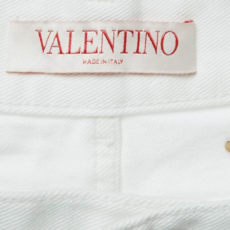 Pre Owned Valentino White Studded Denim Wide Leg Jeans M Waist 28" 