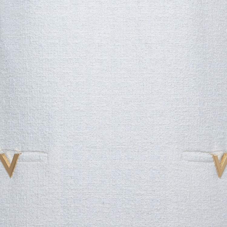 Pre Owned Valentino White/Blue Striped Patterned Tweed Shift Dress XL