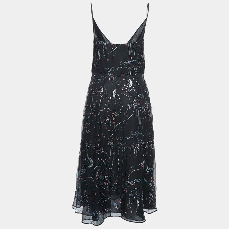 Pre Owned Valentino Black Embellished Glitter Clouds Patterned Silk Midi Wrap Dress M