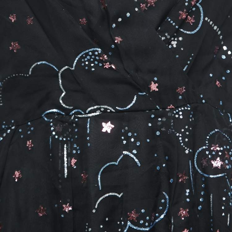Pre Owned Valentino Black Embellished Glitter Clouds Patterned Silk Midi Wrap Dress M