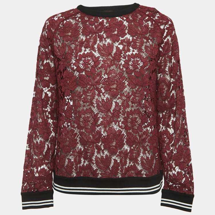 Pre Owned Valentino Burgundy Lace Crew Neck Sweatshirt M  