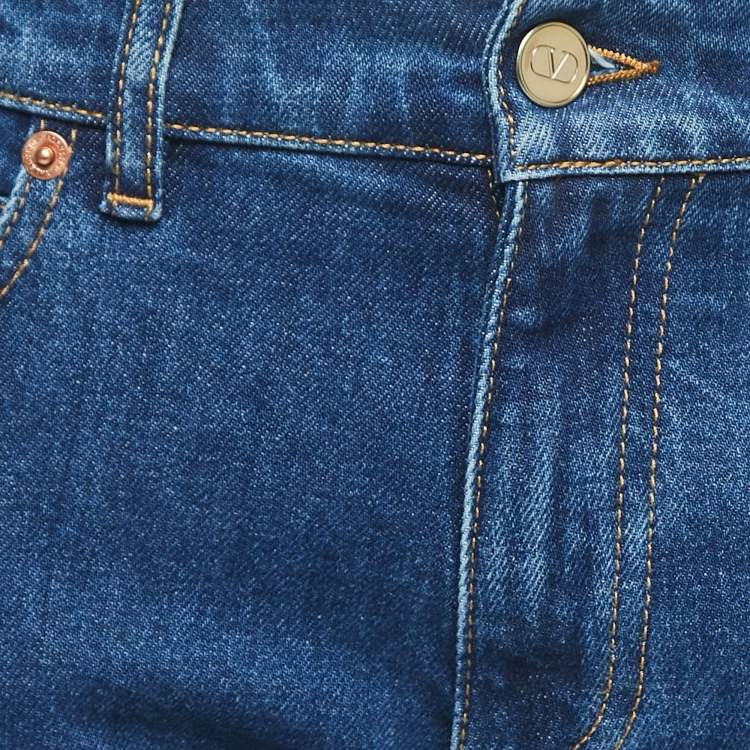 Pre Owned Valentino Blue Denim V Logo Pocket Detailed Straight Legged Jeans S Waist 27"