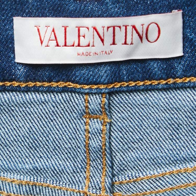 Pre Owned Valentino Blue Denim V Logo Pocket Detailed Straight Legged Jeans S Waist 27"
