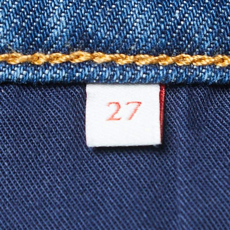 Pre Owned Valentino Blue Denim V Logo Pocket Detailed Straight Legged Jeans S Waist 27"