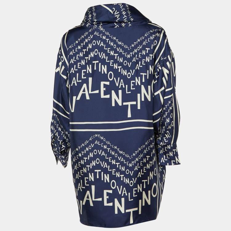 مملوكة مسبقًا Valentino Navy Blue Logo Printed Silk Oversized Neck Detail Top L