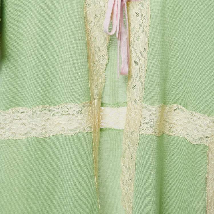 Pre Owned Valentino Green Cashmere Blend Lace Trimmed Short Sleeve Cardigan M