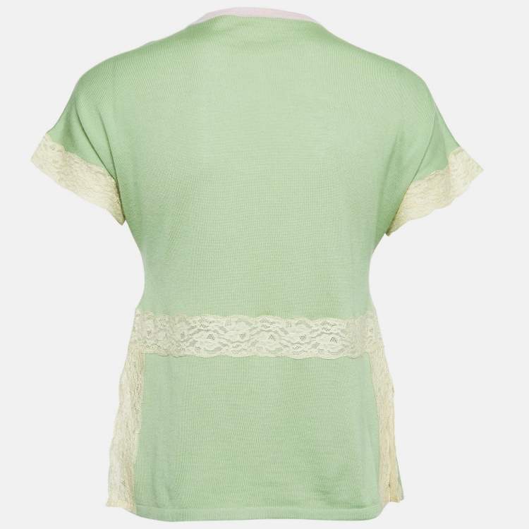 Pre Owned Valentino Green Cashmere Blend Lace Trimmed Short Sleeve Cardigan M