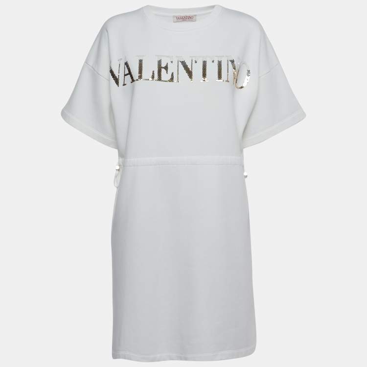 Pre Owned Valentino White Jersey Sequined Logo T-Shirt Dress S