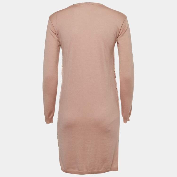 Pre Owned Valentino Pale Pink Floral Lace & Wool Knit Long Sleeve Dress S