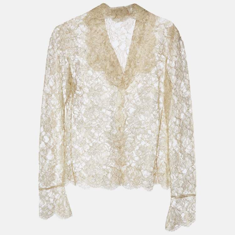 Pre Owned Valentino Gold Floral Lace Buttoned Lace Blouse M