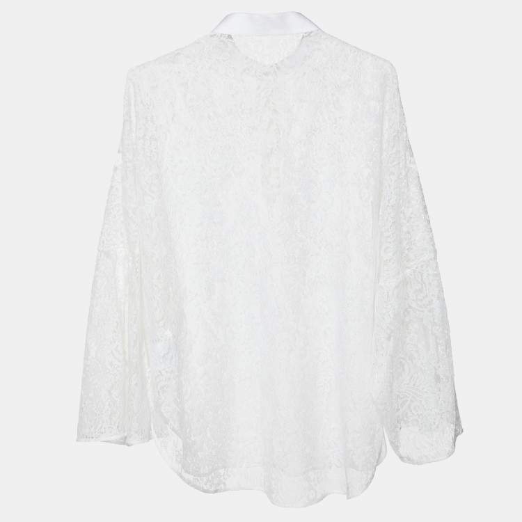 Pre Owned Valentino White Lace Sheer Long Sleeve Blouse M
