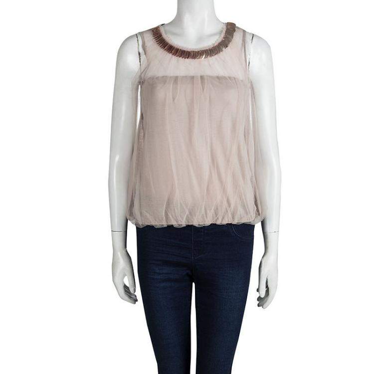 Pre Owned Valentino Beige Embellished Neck Detail Mesh Overlay Sleeveless Top S