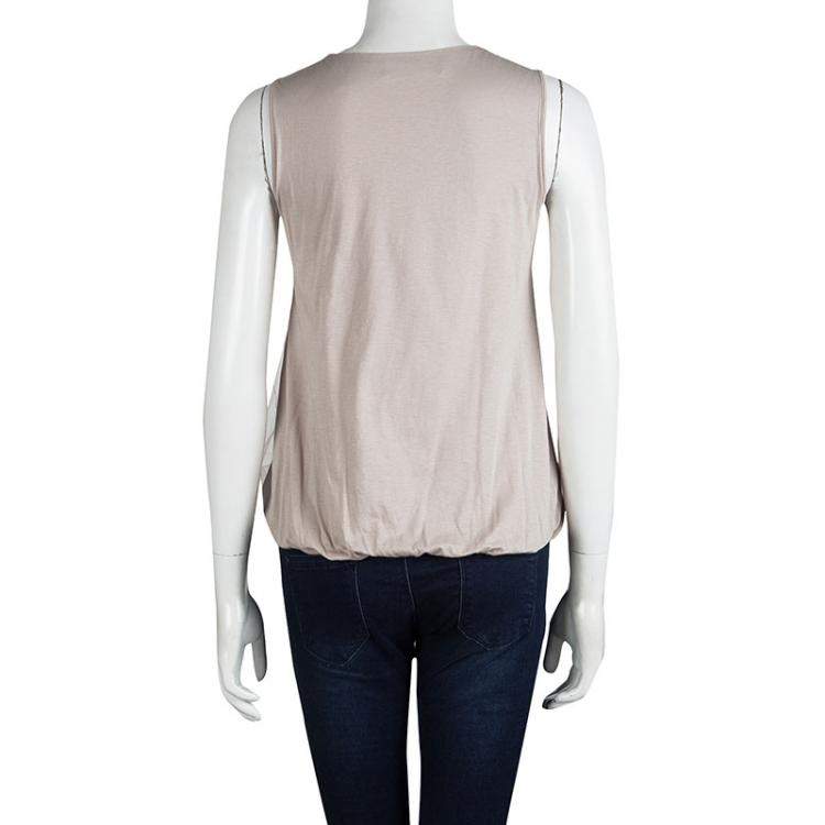 Pre Owned Valentino Beige Embellished Neck Detail Mesh Overlay Sleeveless Top S