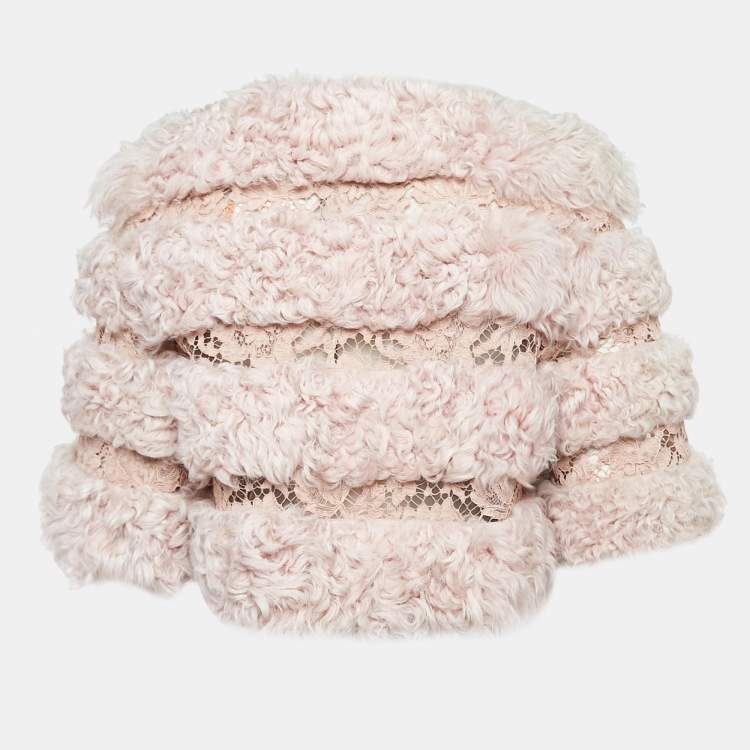Pre Owned Valentino Light Pink Fur & Lace Short Sleeve Crop Jacket S
