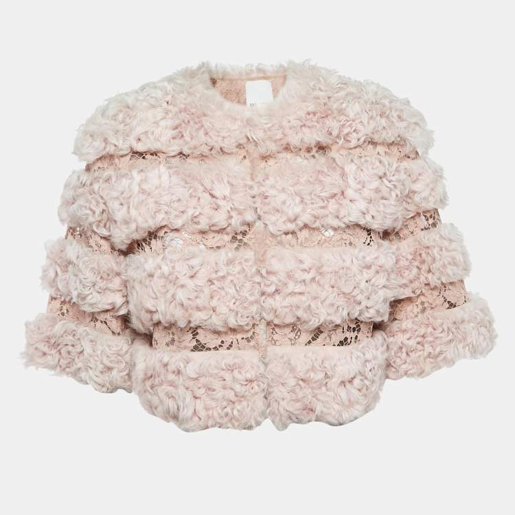 Pre Owned Valentino Light Pink Fur & Lace Short Sleeve Crop Jacket S