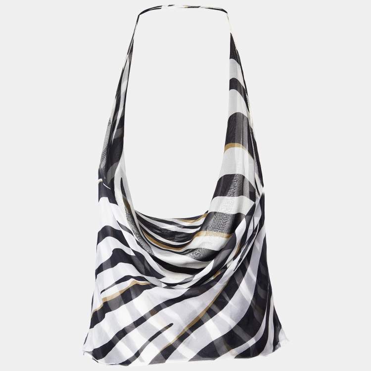 Pre Owned Valentino White/Black Printed Silk Cross Strap Camisole Top M
