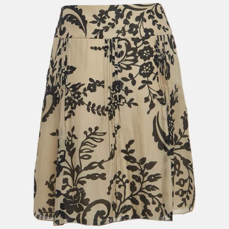 Pre Owned Valentino Vintage Beige Print Cotton and Silk Pleated Mini Skirt S