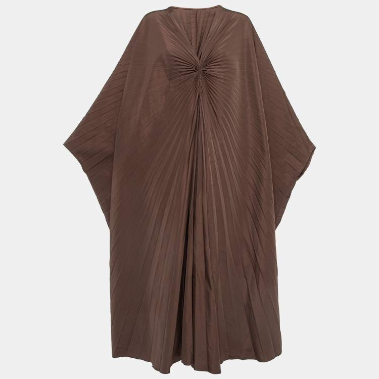 Pre Owned Valentino Brown Cotton Blend Micro Faille Plisse Dress S