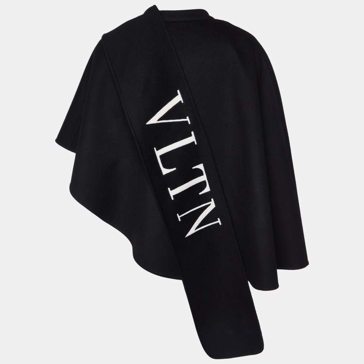 Pre Owned Valentino Black Wool & Cashmere VLTN Scarf Detail Cape S