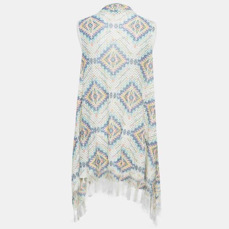 Pre Owned Valentino Multicolor Eyelet Crochet Tassel Detail Front Open Long Cardigan One Size 