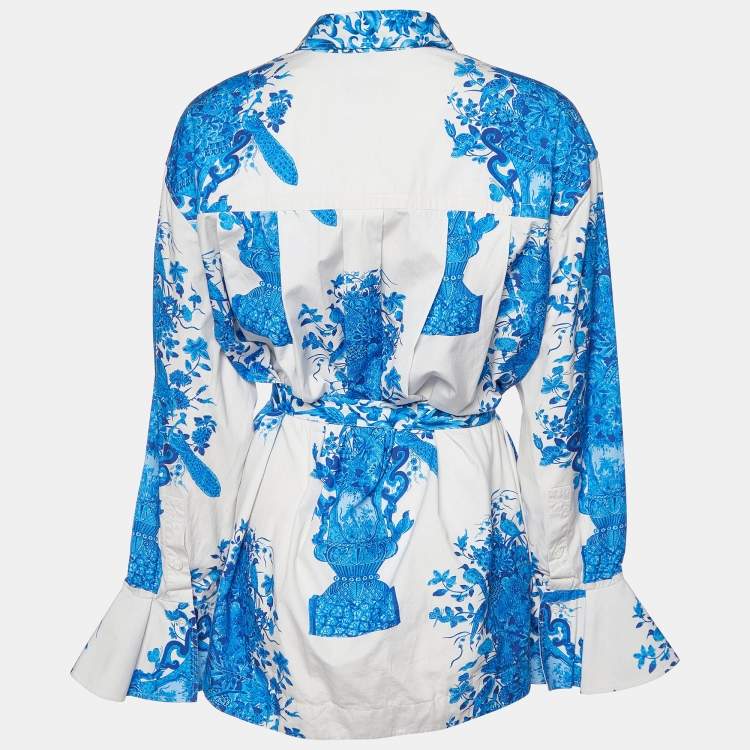Pre Owned Valentino White Bluegrace Print Poplin Neck Tie-Up Shirt L